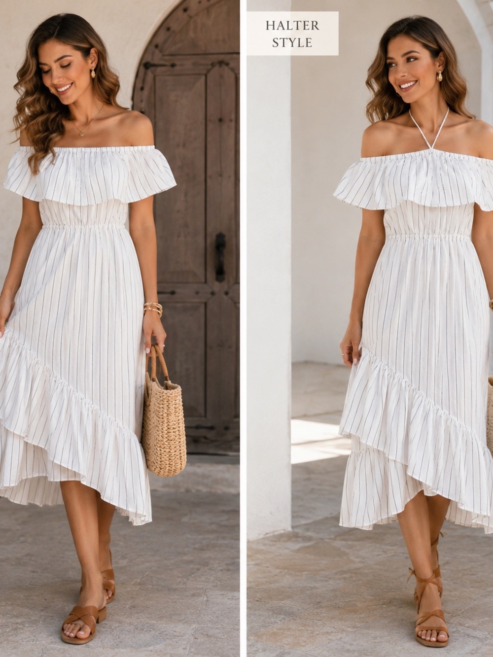 BB Dakota White Pinstripe Off-Shoulder High-Low Ruffle Dress (new with tags)